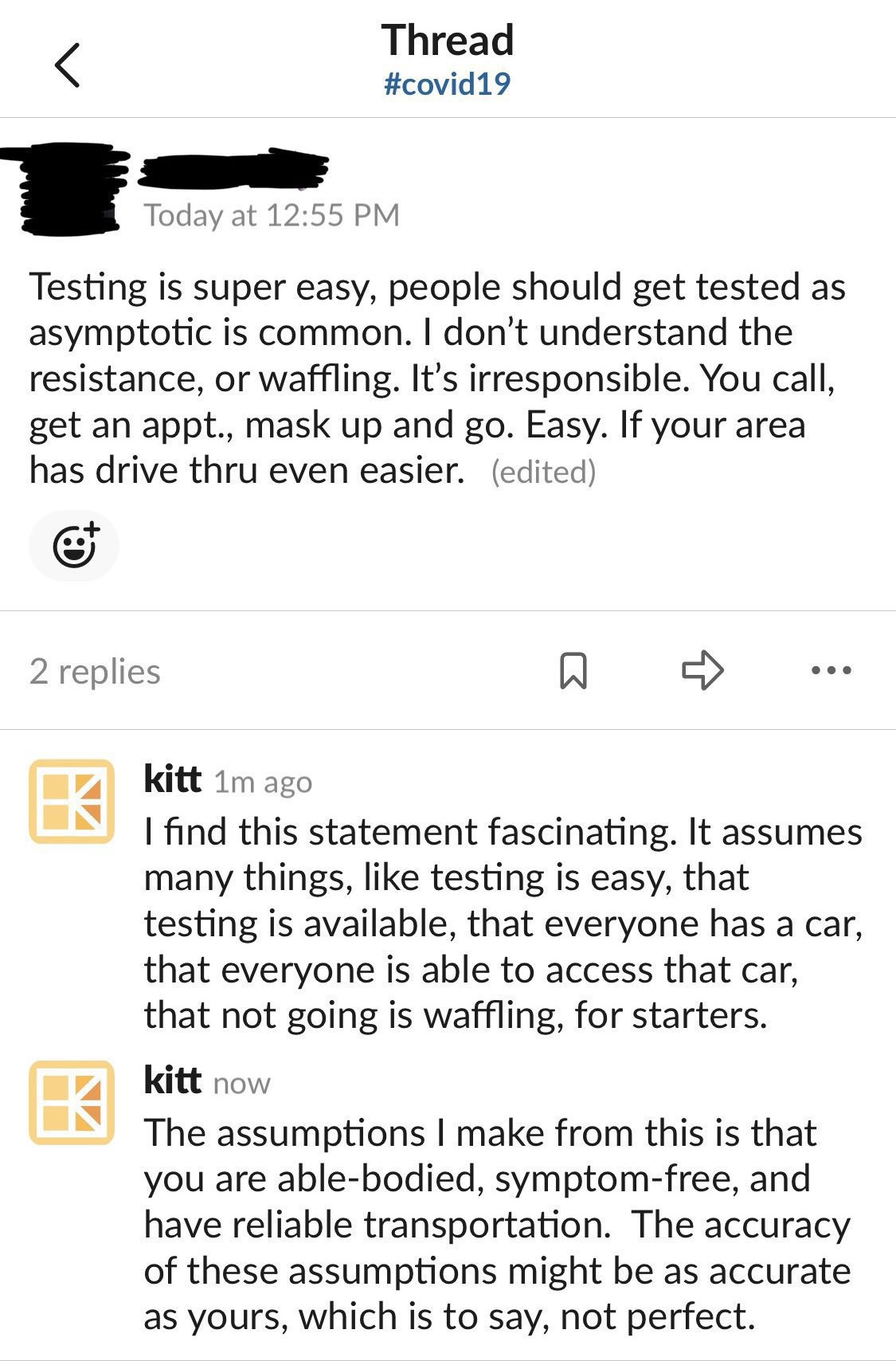 screenshot of a dismissive comment about covid testing and my callout response