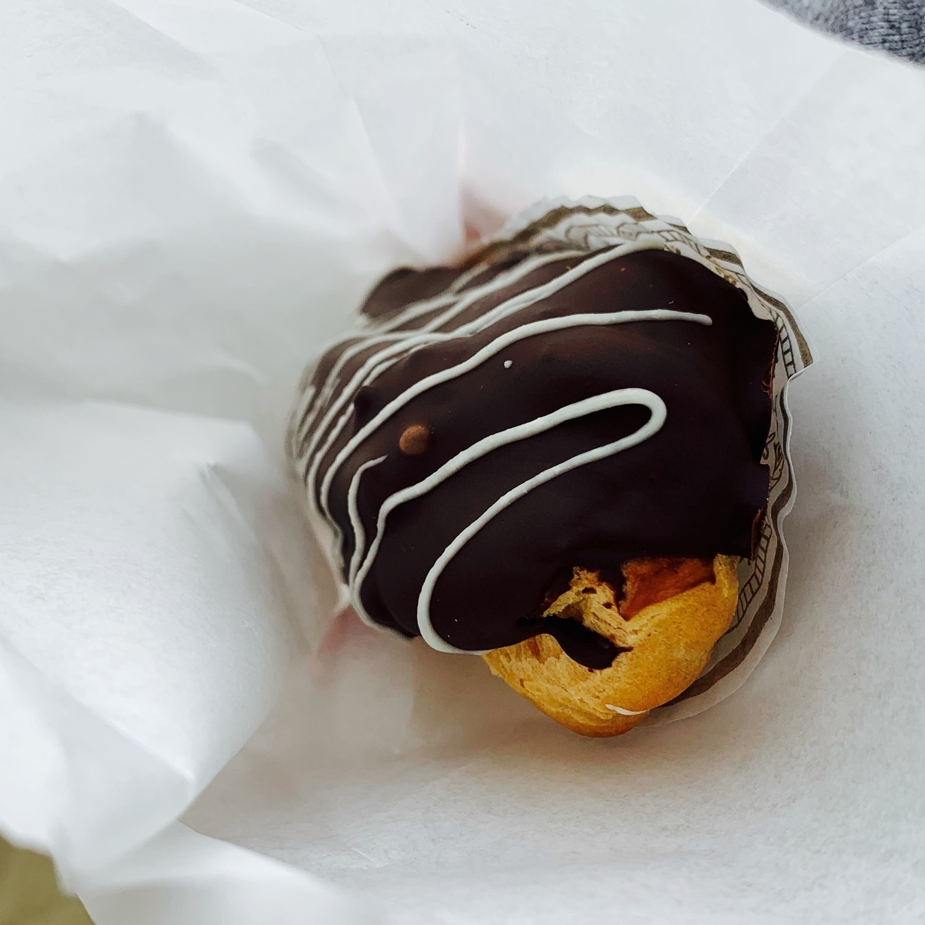 a chocolate covered eclair, end on