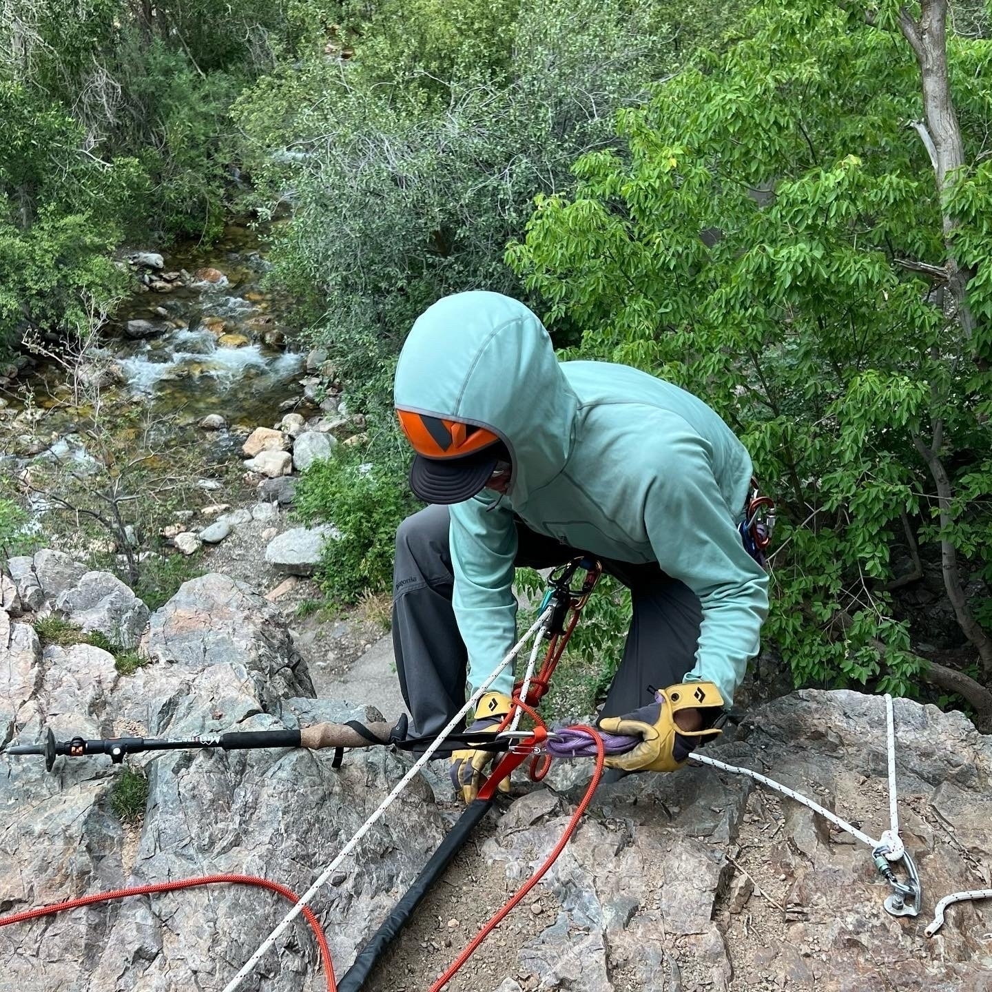 My guide, about to go over the edge of a high rock, so that I can rescue him